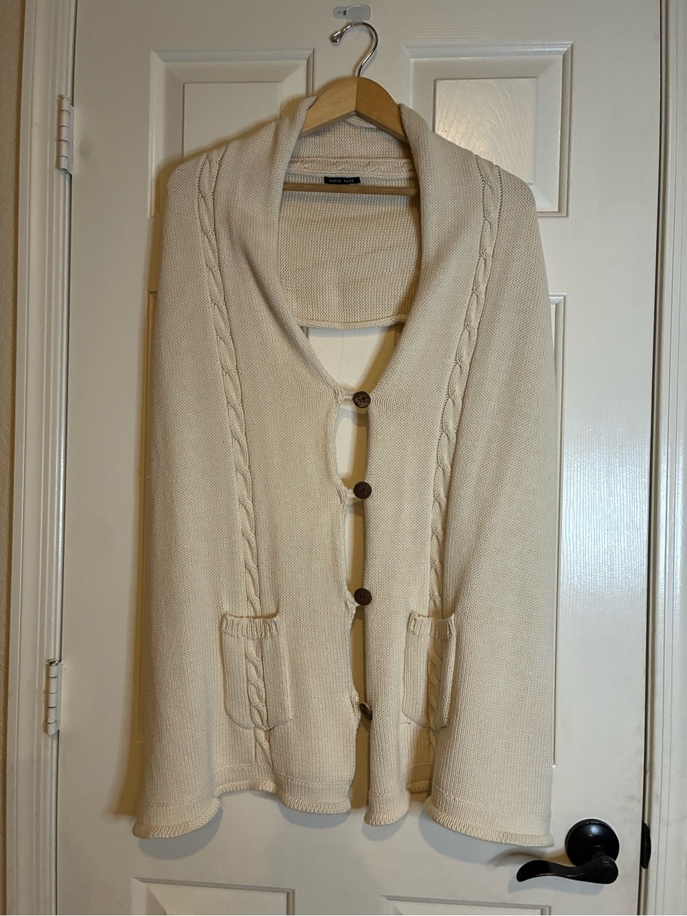 Cream Cable-Knit Button-Front Shawl Wrap by Katie Todd